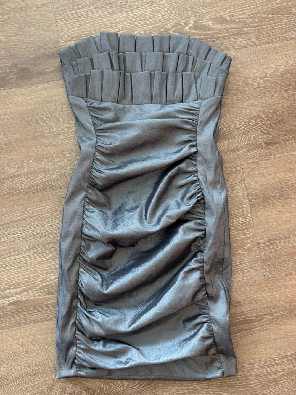 Y2K Cache Metallic Gray Strapless Ruched Cocktail Dress